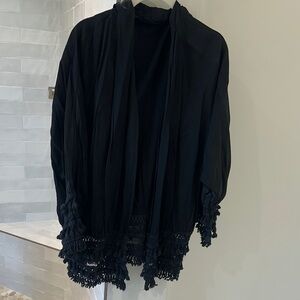 Beautiful Black Silk Cardigan with Fringe Detail on Sleeves and Bottom O/S